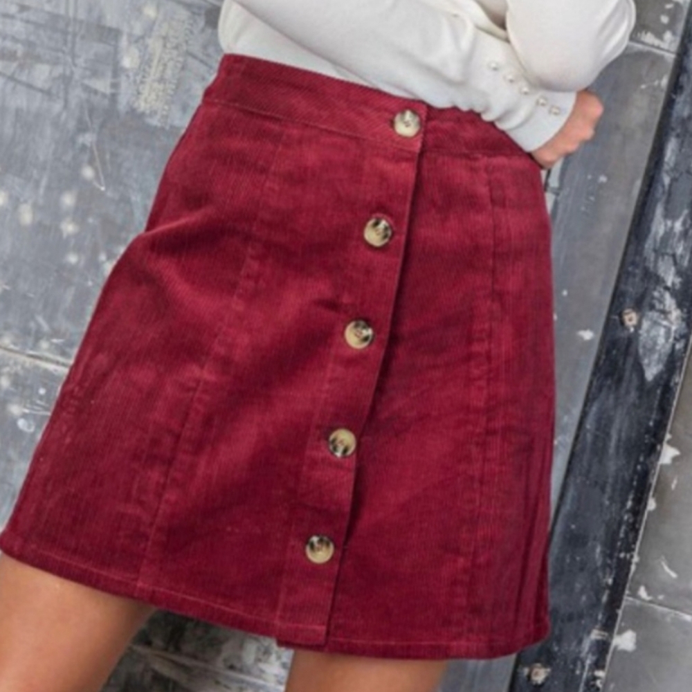 Red Wine A-line Corduroy Mini Skirt - Picture 1 of 5